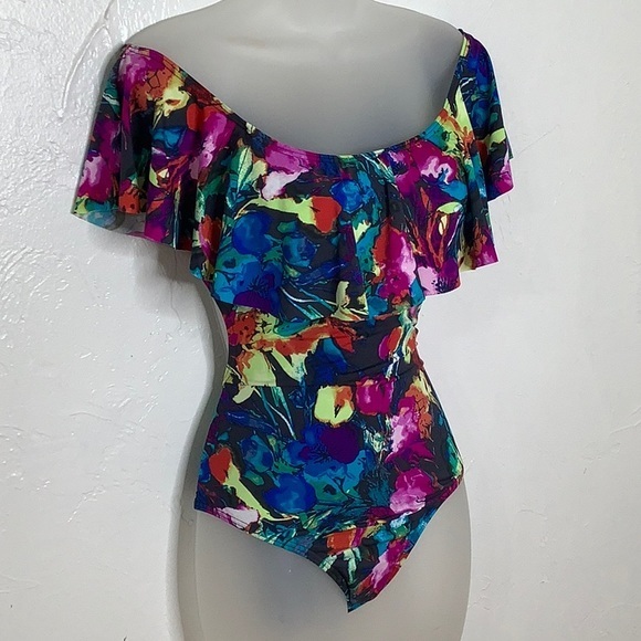 Envya swimwear off the shoulder ruffle one piece multi color swimsuit size L NWT - Picture 1 of 16